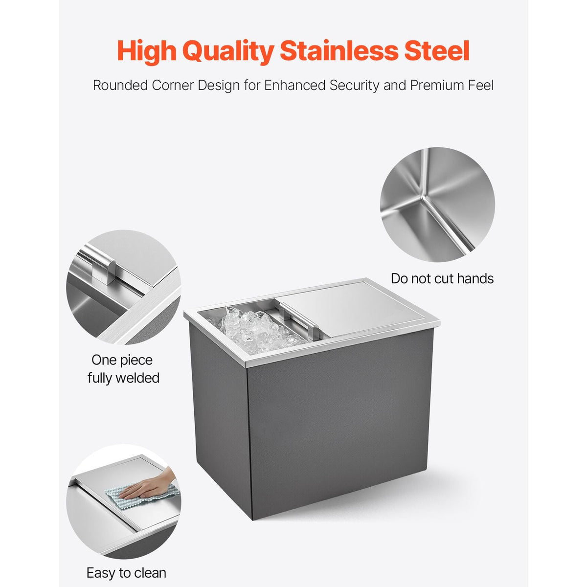 Drop in Ice Chest, 18"L x 12"W x 15"H Stainless Steel Drop in Cooler, 28.6 Quart Commercial Ice Bin with Sliding Lid for Outdoor Kitchen Patio Bar, Drain-pipe Set Included, for Cold Wine Beer