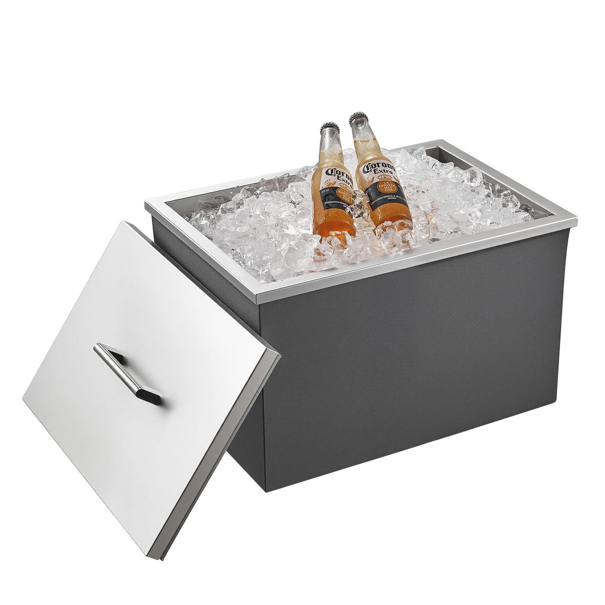 Drop in Ice Chest, 20"L x 14"W x 12"H Stainless Steel Drop in Cooler, 31.7 Quart Commercial Ice Bin with Pot Lid for Outdoor Kitchen Patio Bar, Drain-pipe Set Included, for Cold Wine Beer