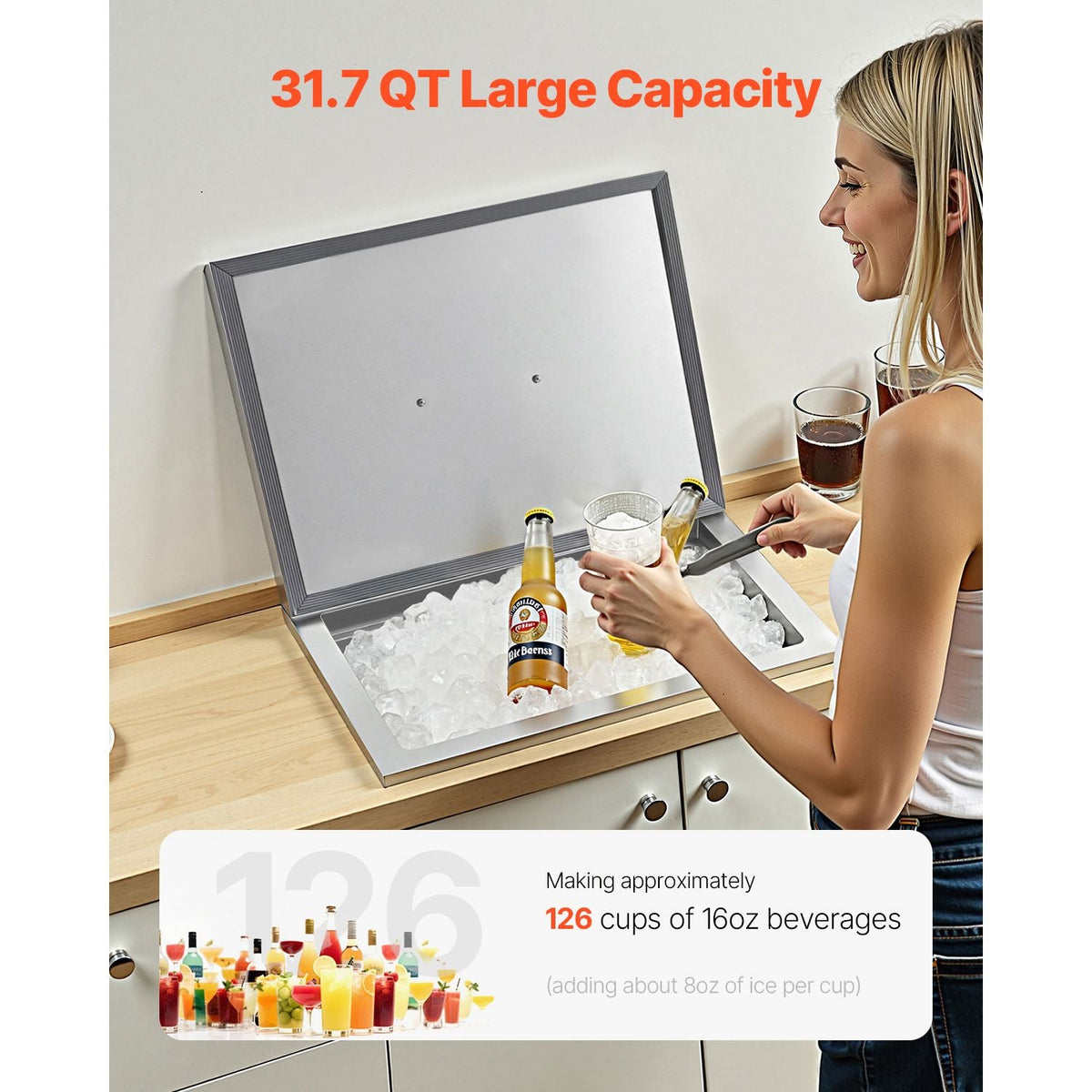 Drop in Ice Chest, 20"L x 14"W x 12"H Stainless Steel Drop in Cooler, 31.7 Quart Commercial Ice Bin with Pot Lid for Outdoor Kitchen Patio Bar, Drain-pipe Set Included, for Cold Wine Beer