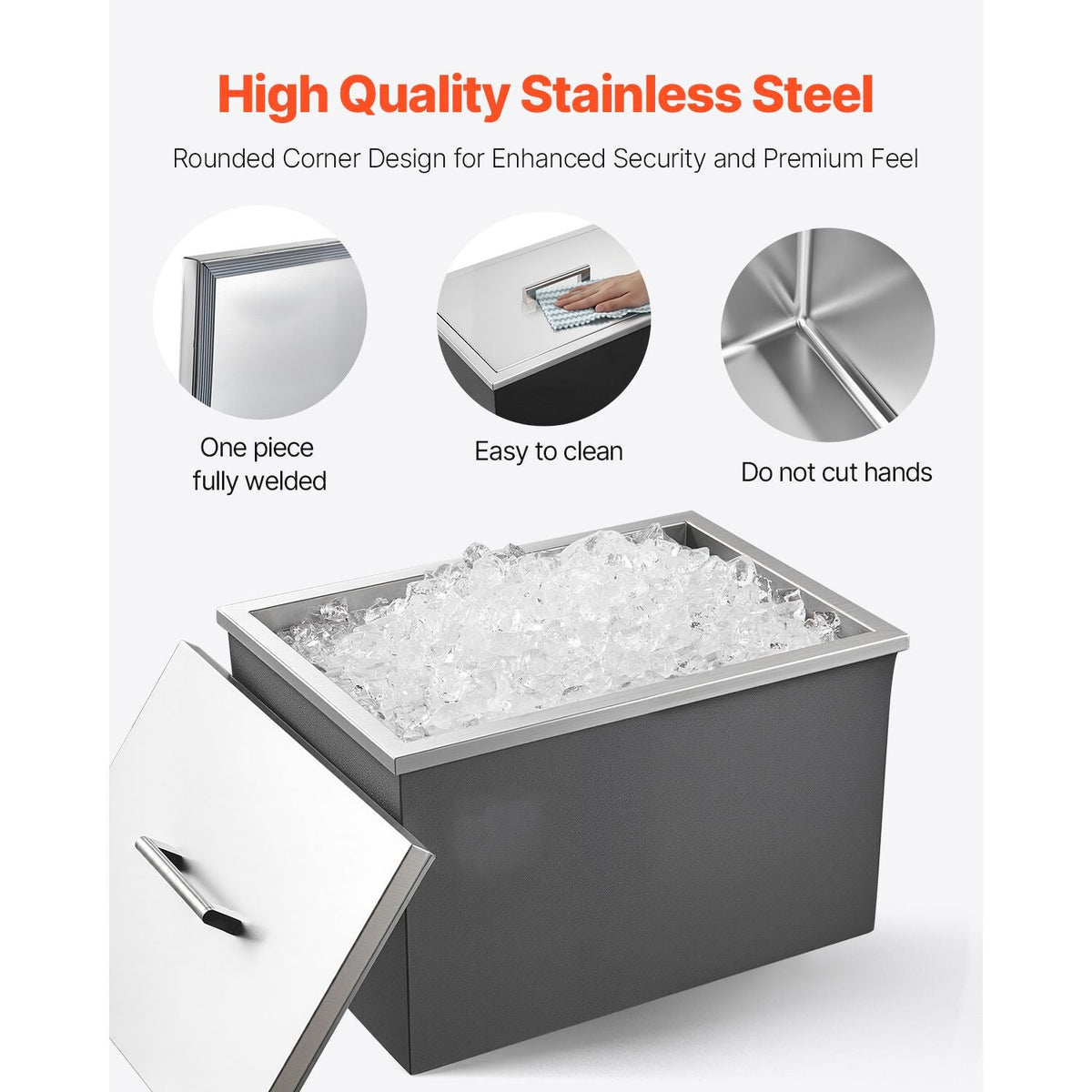 Drop in Ice Chest, 20"L x 14"W x 12"H Stainless Steel Drop in Cooler, 31.7 Quart Commercial Ice Bin with Pot Lid for Outdoor Kitchen Patio Bar, Drain-pipe Set Included, for Cold Wine Beer