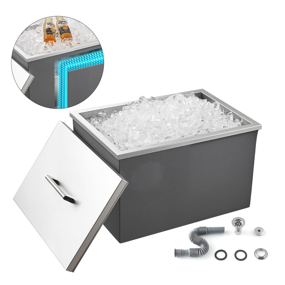 Drop in Ice Chest, 20"L x 14"W x 12"H Stainless Steel Drop in Cooler, 31.7 Quart Commercial Ice Bin with Pot Lid for Outdoor Kitchen Patio Bar, Drain-pipe Set Included, for Cold Wine Beer