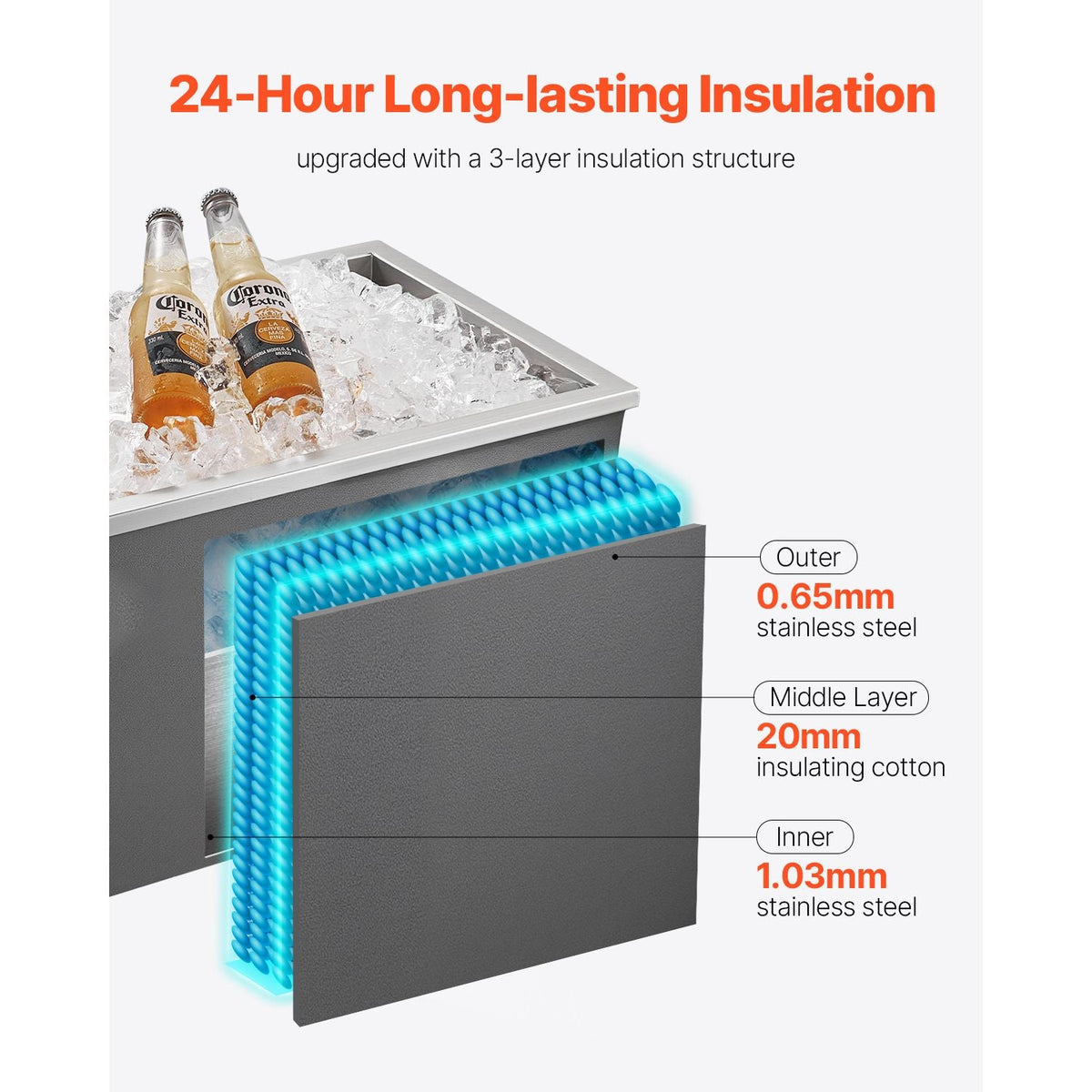 Drop in Ice Chest, 20"L x 14"W x 12"H Stainless Steel Drop in Cooler, 31.7 Quart Commercial Ice Bin with Pot Lid for Outdoor Kitchen Patio Bar, Drain-pipe Set Included, for Cold Wine Beer