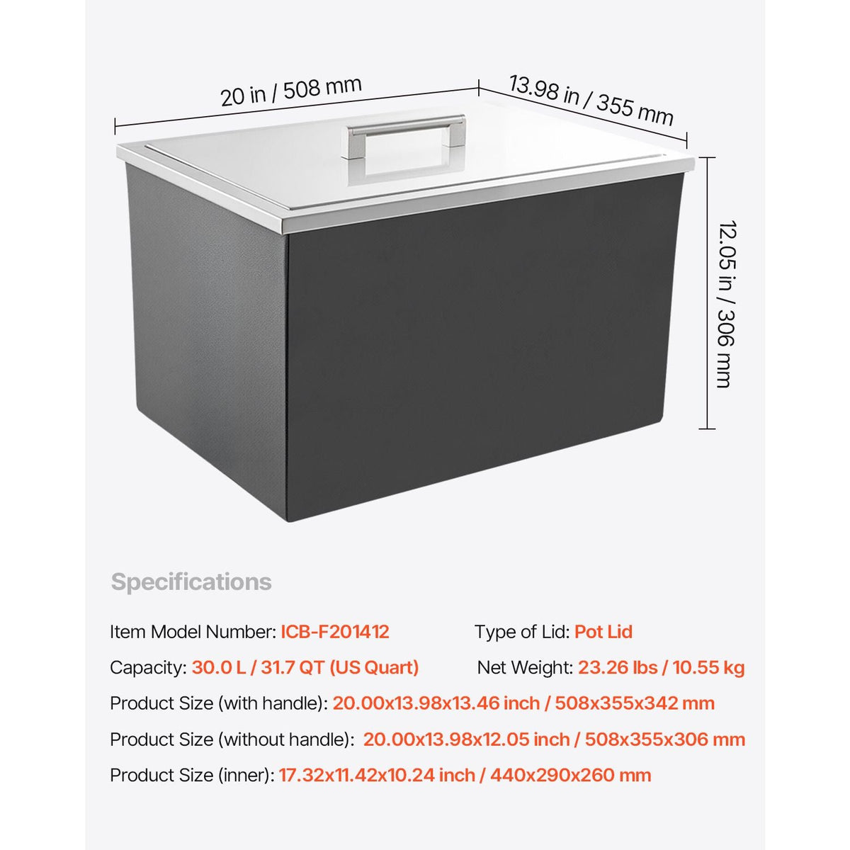 Drop in Ice Chest, 20"L x 14"W x 12"H Stainless Steel Drop in Cooler, 31.7 Quart Commercial Ice Bin with Pot Lid for Outdoor Kitchen Patio Bar, Drain-pipe Set Included, for Cold Wine Beer