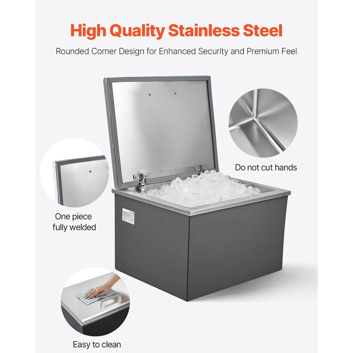 Drop in Ice Chest, 20"L x 16"W x 13"H Stainless Steel Drop in Cooler, 44.7 Quart Commercial Ice Bin with Flip Lid for Outdoor Kitchen Patio Bar, Drain-pipe Set Included, for Cold Wine Beer