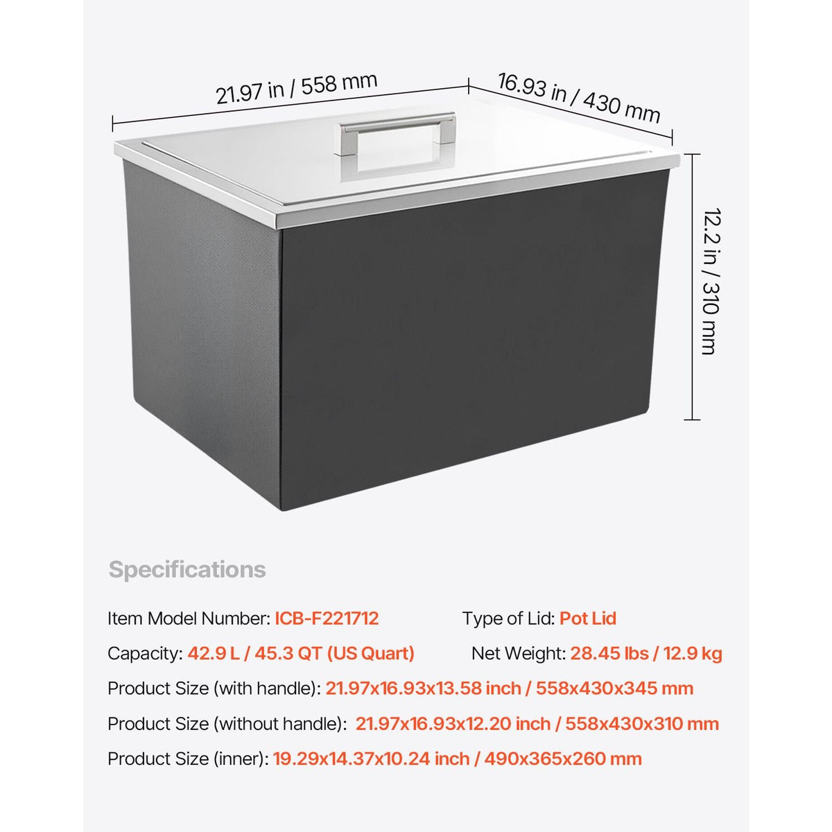 Drop in Ice Chest, 22"L x 17"W x 12"H Stainless Steel Drop in Cooler, 45.3 Quart Commercial Ice Bin with Pot Lid for Outdoor Kitchen Patio Bar, Drain-pipe Set Included, for Cold Wine Beer