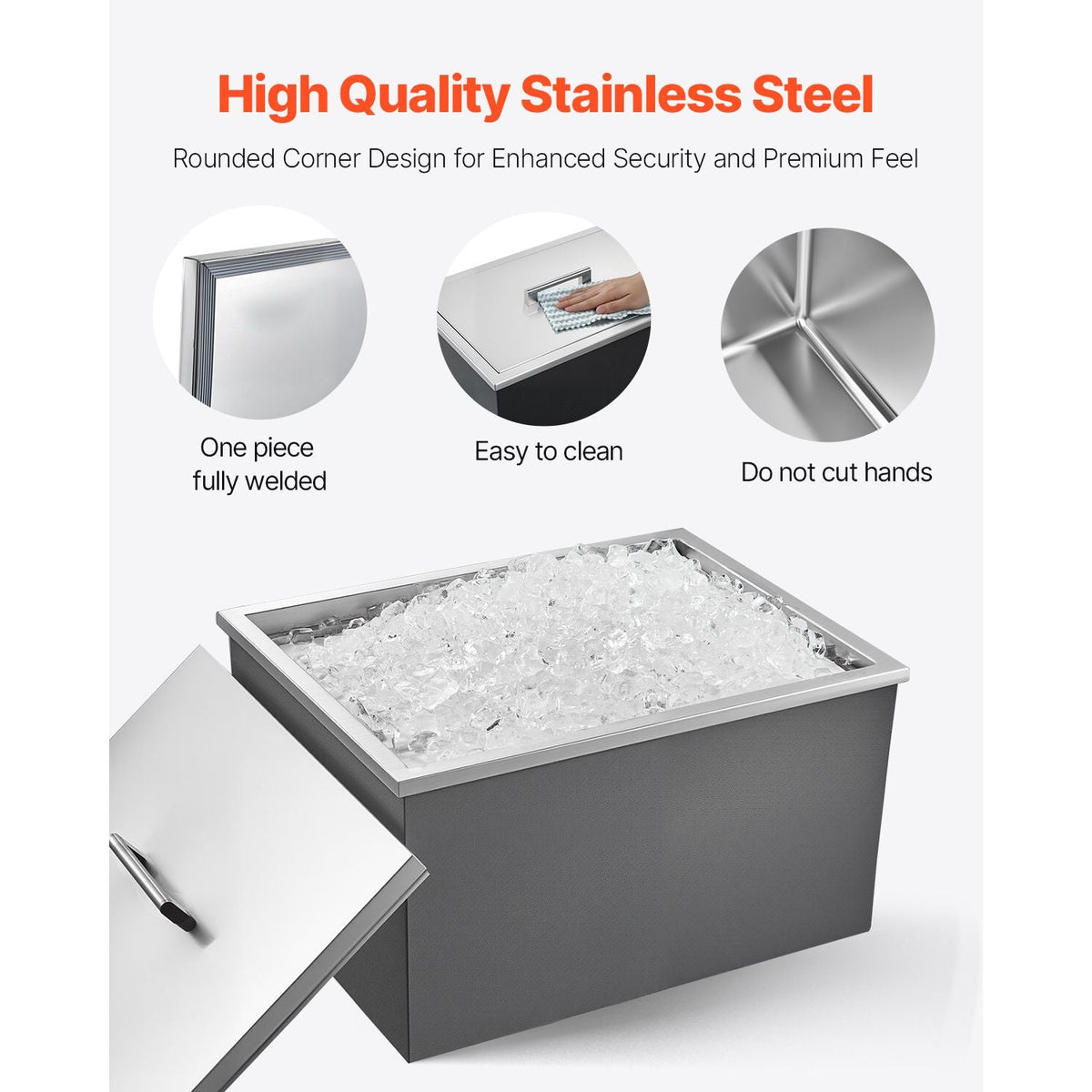 Drop in Ice Chest, 22"L x 17"W x 12"H Stainless Steel Drop in Cooler, 45.3 Quart Commercial Ice Bin with Pot Lid for Outdoor Kitchen Patio Bar, Drain-pipe Set Included, for Cold Wine Beer