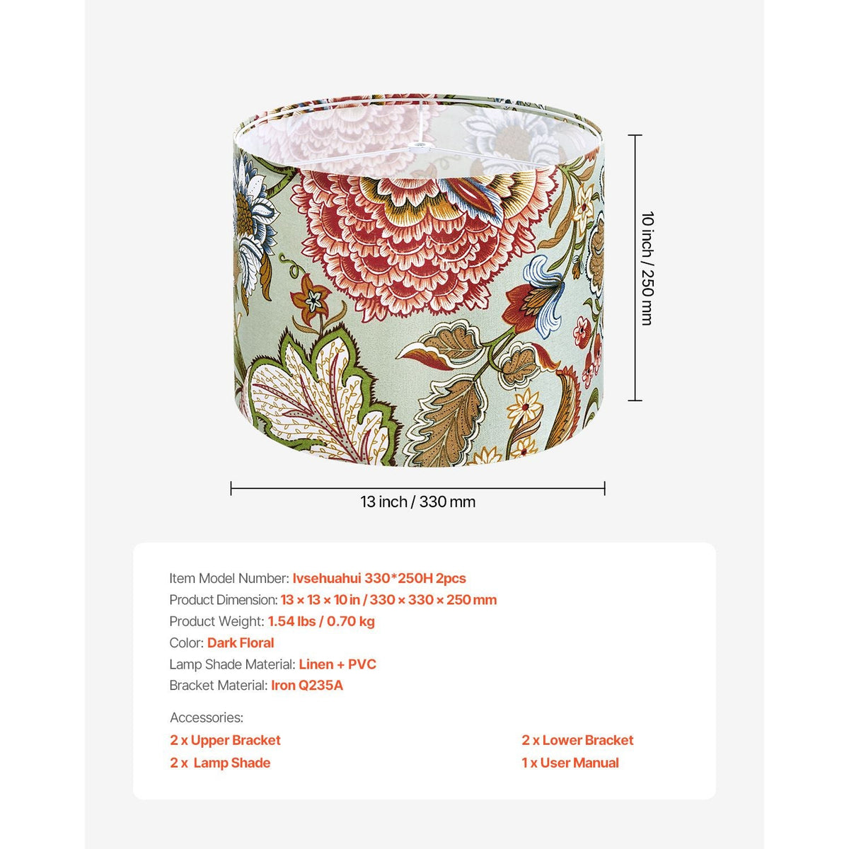 Drum Lamp Shade 2 Set, 13 in Top x 13 in Bottom x 10 in High, Medium Drum Linen Lampshade, Replacement Lamp Shade for Table Lamps Floor Lamps Pendant Lights, Easy Assembly Required (Dark Floral)