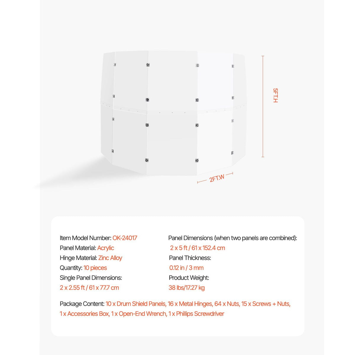 Drum Shield, 5 Panels 2 ft x 5 ft Portable Acrylic Drum Cage with Zinc Alloy Hinges for Church Concert Halls Music Festivals, Drum Shields Drum Sound Barrier Suitable for Practice Performance