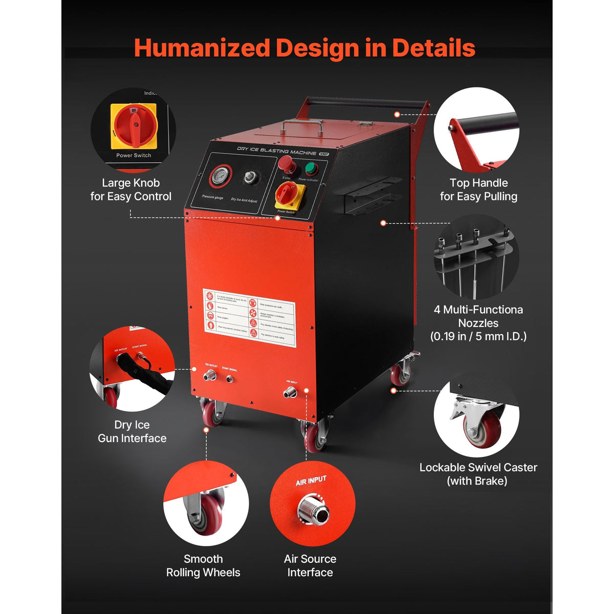 Dry Ice Blasting Machine, 16.5LBS (7.5KG) Capacity Dry Ice Cleaning Machine with 4 Nozzles, Adjustable Pressure & Dry Ice Amount, Movable Blaster Cleaner for Auto Ship Aviation Chemical, 120V
