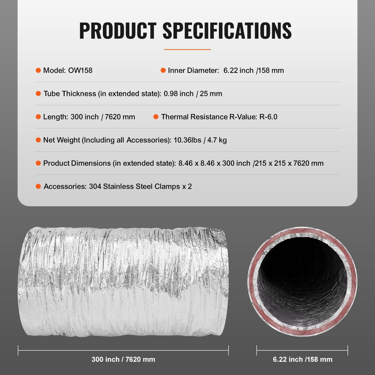 Dryer Vent Hose, 6'' Insulated Flexible Duct 25FT Long with 2 Duct Clamps, Heavy-Duty Three Layer Protection for HVAC Heating Cooling Ventilation and Exhaust, R-6.0 Flame Resistance Value