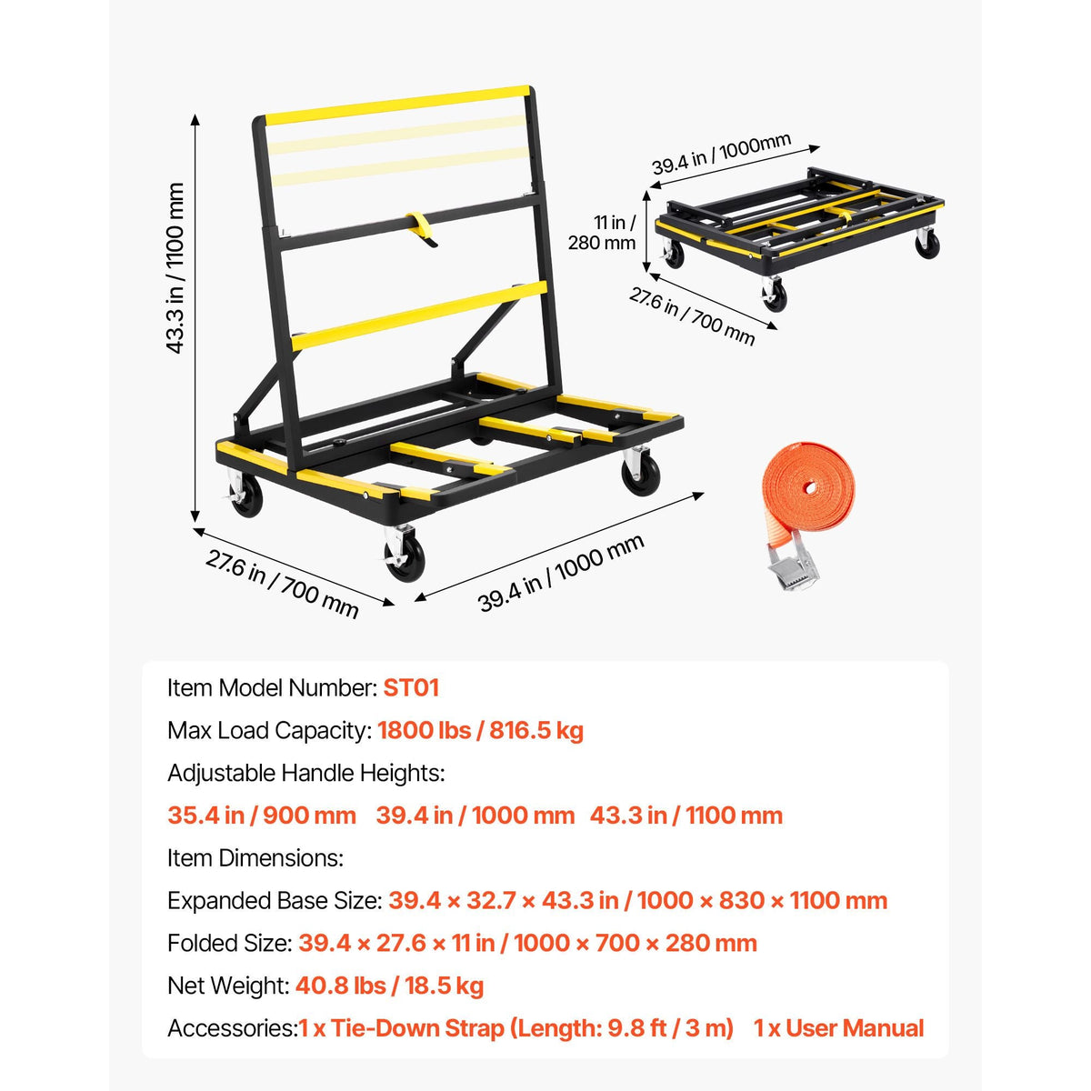 Drywall Cart Dolly, 1800 lbs Load Capacity, Steel Panel Dolly with 4 Swivel Casters & Expandable Deck, Foldable Panel Truck Cart with Tie-Down Strap for Handling Plywood, Plasterboard, Glass