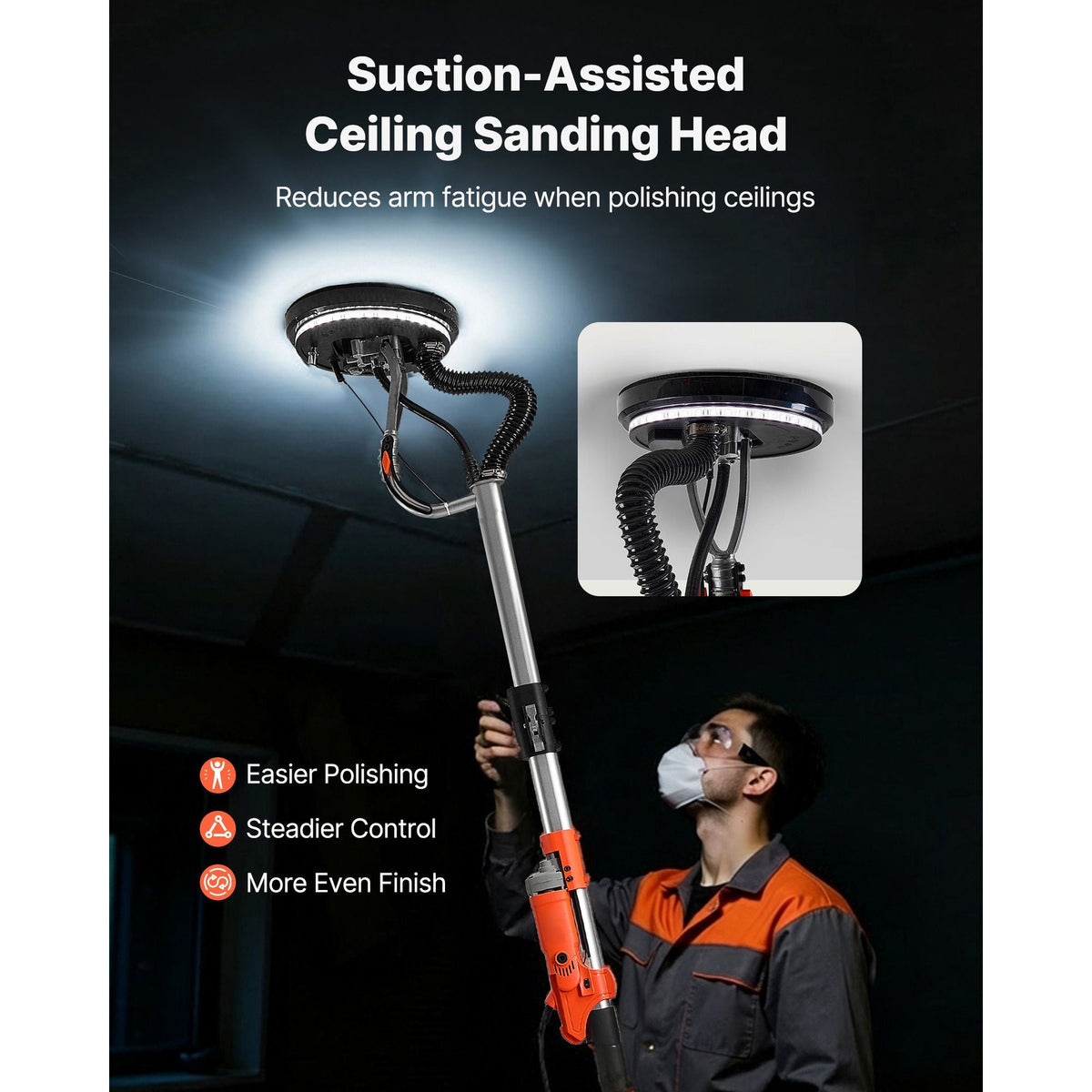Drywall Sander, 1010W Electric Drywall Sander, Popcorn Ceiling Removal Tool with 7 Variable Speed 1000-2200 RPM, Double-Deck LED Light, Foldable & Extendable Handle, 15 Sanding Discs, Dust Hose