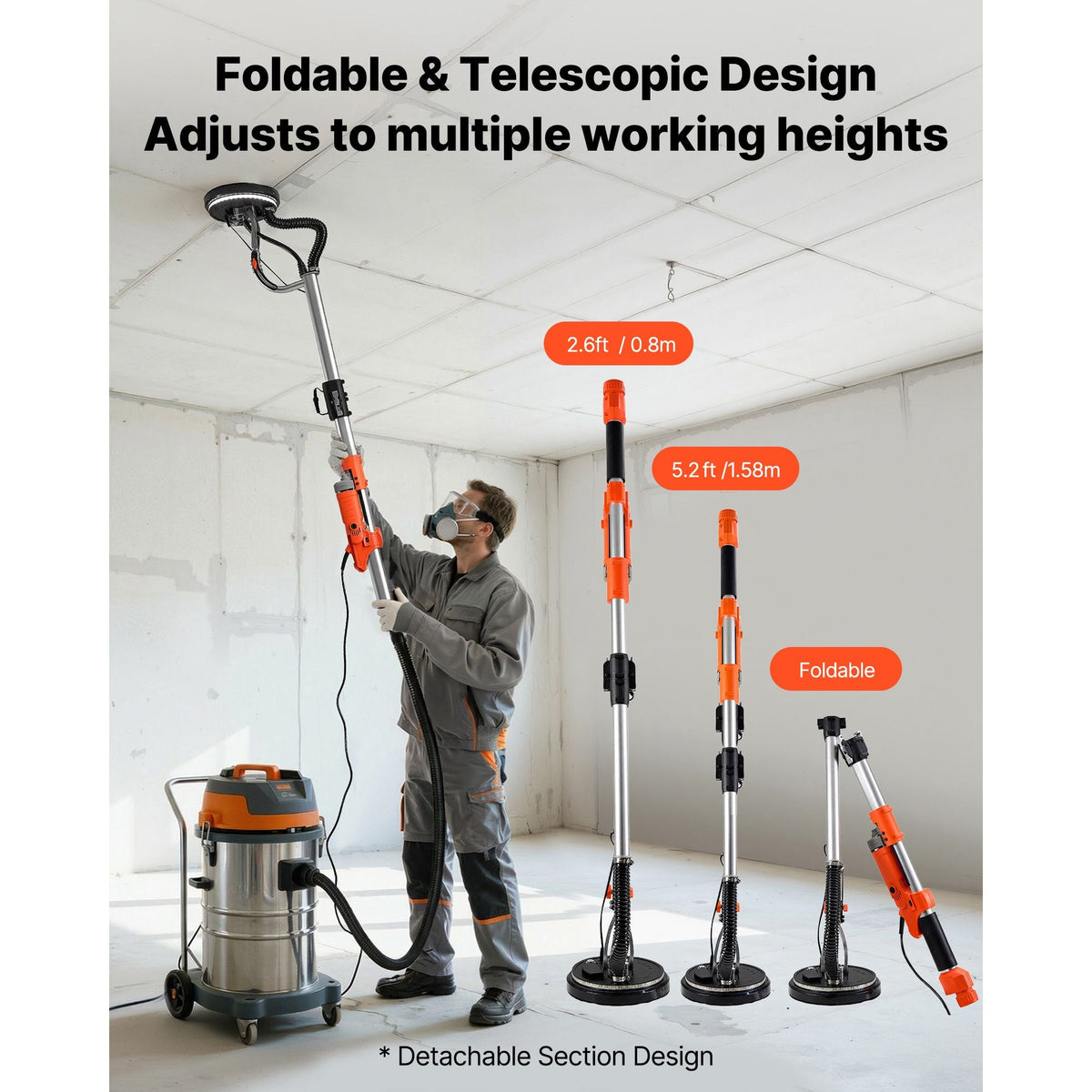 Drywall Sander, 1010W Electric Drywall Sander, Popcorn Ceiling Removal Tool with 7 Variable Speed 1000-2200 RPM, Double-Deck LED Light, Foldable & Extendable Handle, 15 Sanding Discs, Dust Hose
