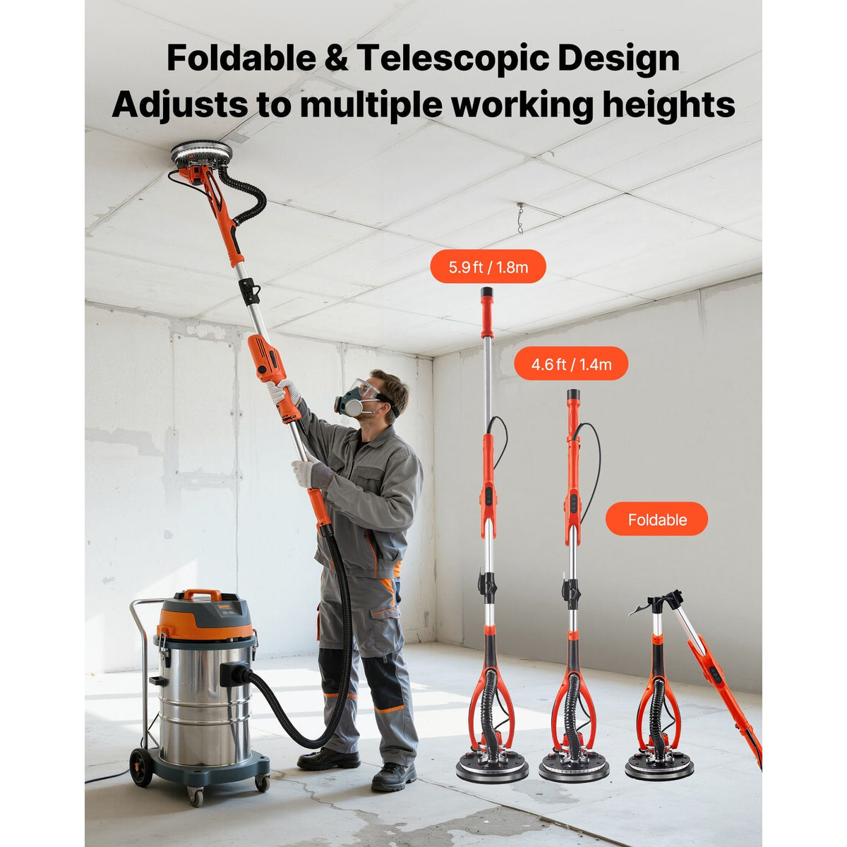 Drywall Sander, 950W Electric Drywall Sander, Popcorn Ceiling Removal Tool with 7 Variable Speed 1000-2300 RPM, Double-Deck LED Light, Foldable & Extendable Handle, 15 Sanding Discs, Dust Hose