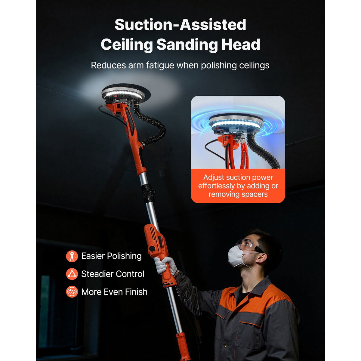 Drywall Sander, 950W Electric Drywall Sander, Popcorn Ceiling Removal Tool with 7 Variable Speed 1000-2300 RPM, Double-Deck LED Light, Foldable & Extendable Handle, 15 Sanding Discs, Dust Hose