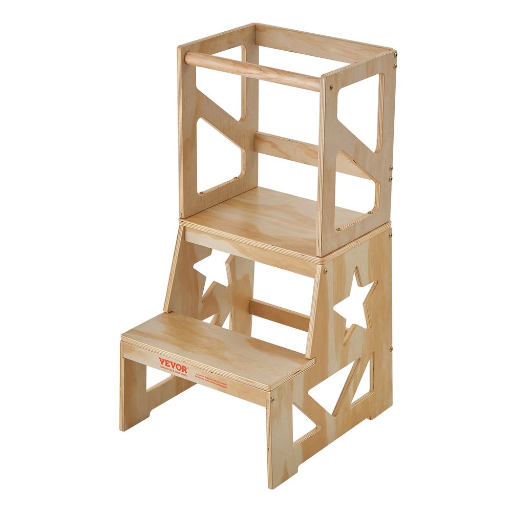 Toddler Step Stool, Natural Pine Wood Kids Kitchen Stool with Safety Rail, Standing Tower Learning Stool for Bedroom Bathroom Kitchen Counter, 150LBS Loading Capacity