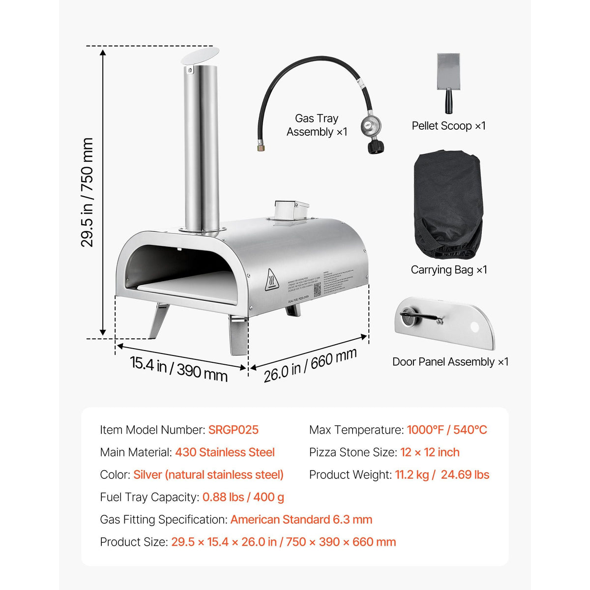 Dual Fuel Pizza Oven Outdoor, 12 Inch Wood Fire & Propane Gas Pizza Oven, Pellet & Propane Pizza-Maker with Thermometer, Stainless Steel Pizza-Cook for Outside Camping & Backyard