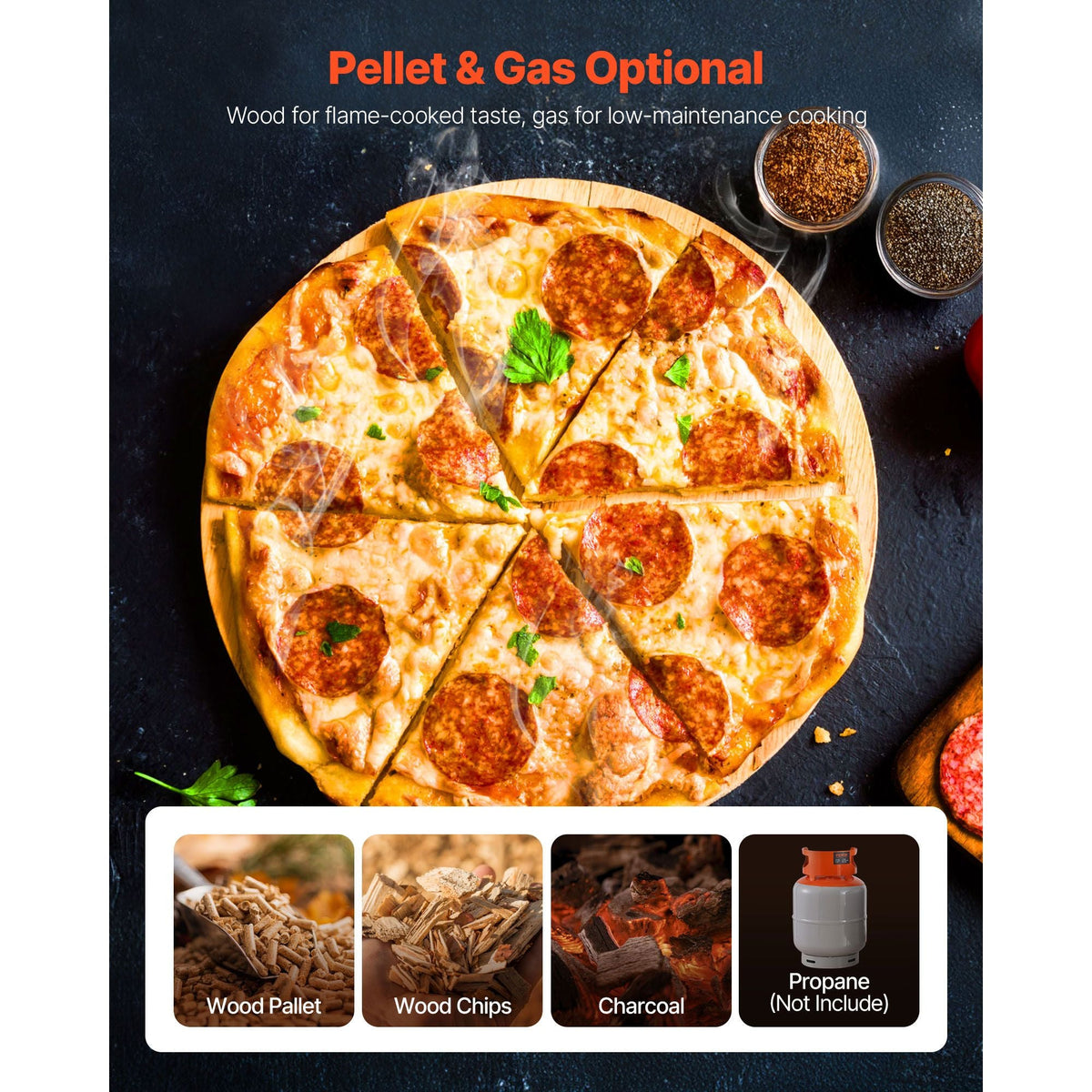 Dual Fuel Pizza Oven Outdoor, 12 Inch Wood Fire & Propane Gas Pizza Oven, Pellet & Propane Pizza-Maker with Thermometer, Stainless Steel Pizza-Cook for Outside Camping & Backyard