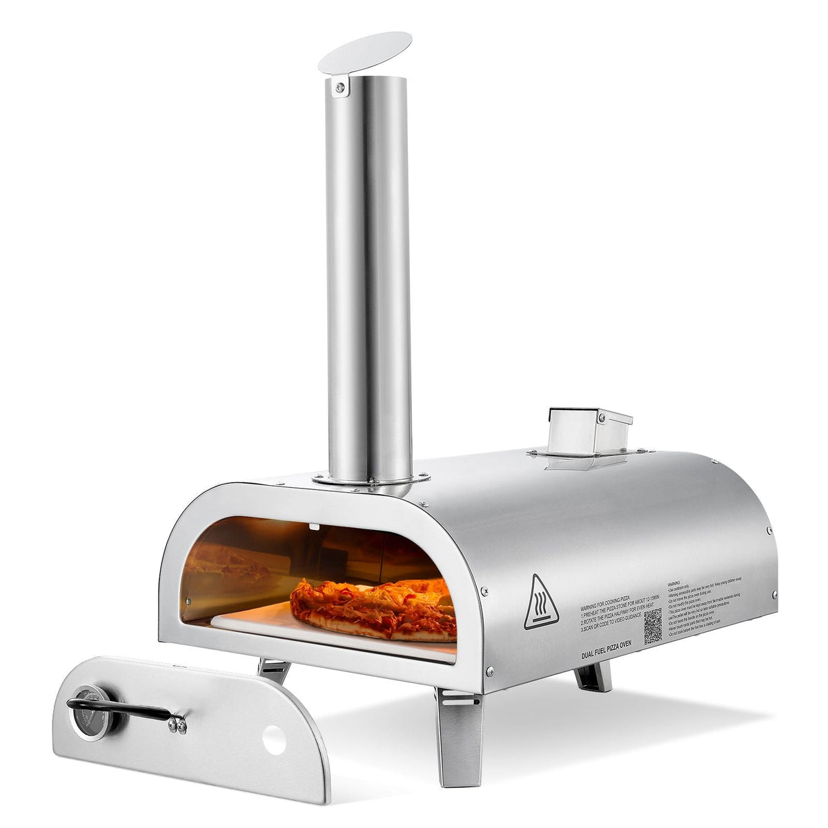 Dual Fuel Pizza Oven Outdoor, 12 Inch Wood Fire & Propane Gas Pizza Oven, Pellet & Propane Pizza-Maker with Thermometer, Stainless Steel Pizza-Cook for Outside Camping & Backyard