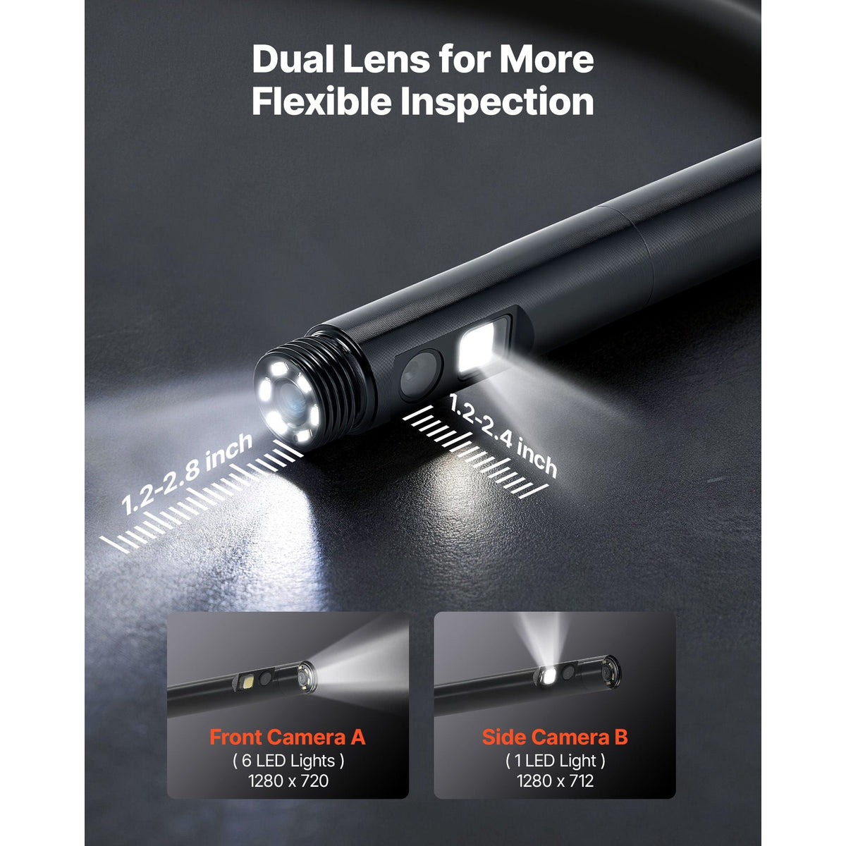 Dual Lens Endoscope with Light, 5" HD IPS Screen Industrial Borescope Camera, 0.22-inch Slim Lens, 8X Zoom, IP67 Waterproof Inspection Snake Camera for Automotive, Plumbing (16.4FT Rigid Cable)