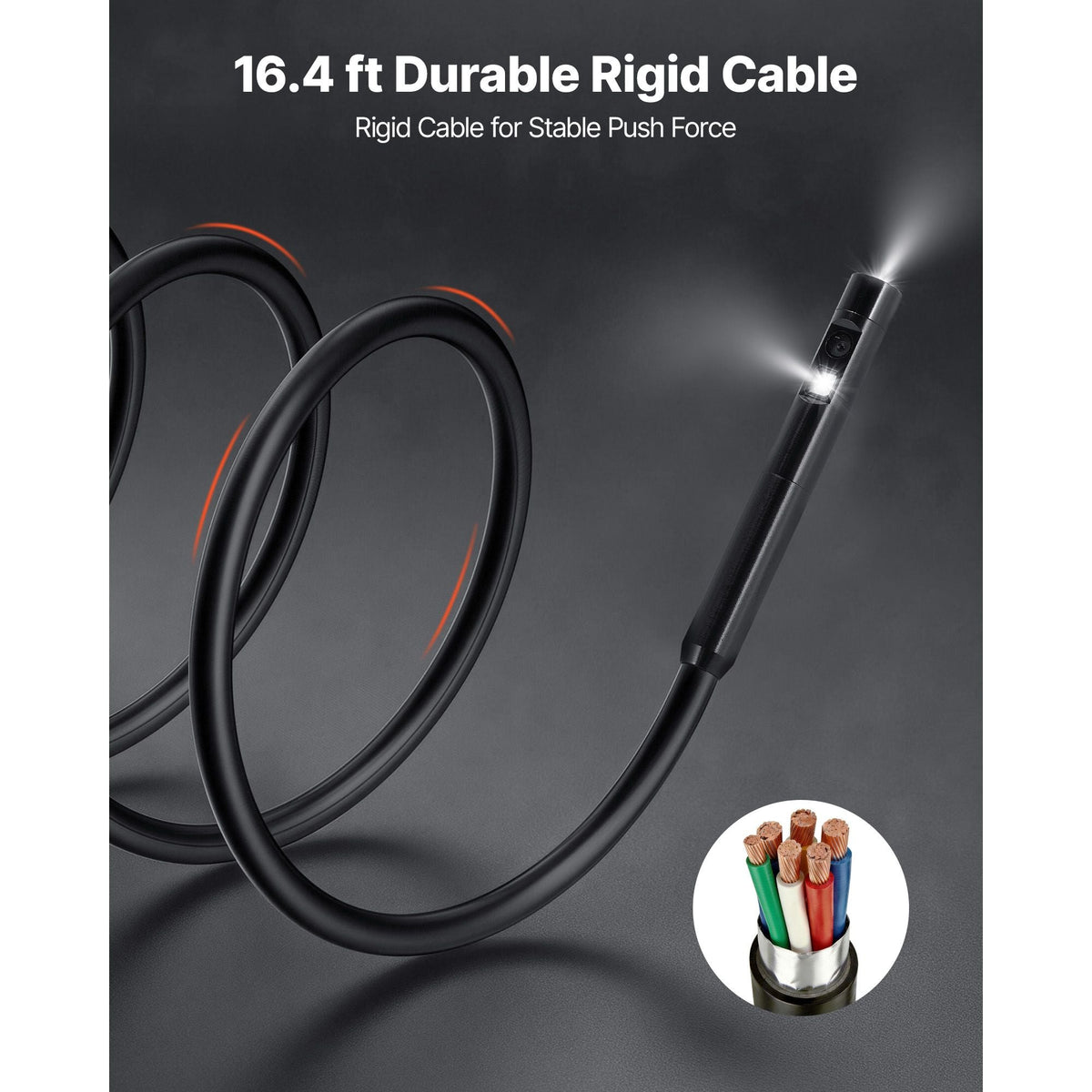 Dual Lens Endoscope with Light, 5" HD IPS Screen Industrial Borescope Camera, 0.22-inch Slim Lens, 8X Zoom, IP67 Waterproof Inspection Snake Camera for Automotive, Plumbing (16.4FT Rigid Cable)