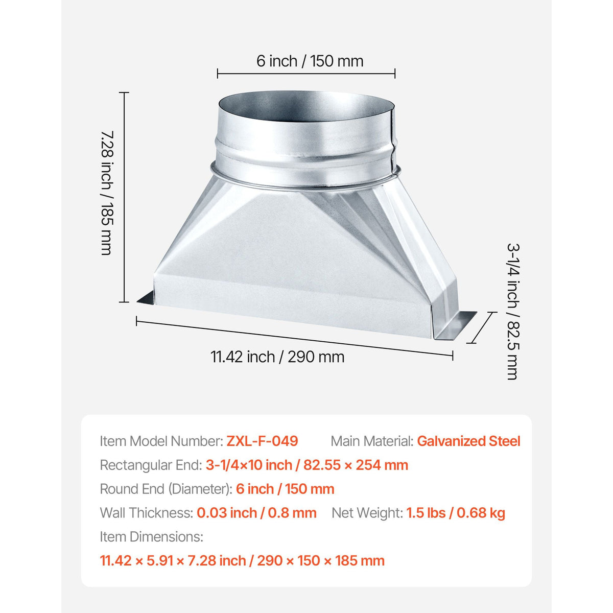 Duct Boot, 3-1/4 x 10 x 6 inch Duct End Boot, Galvanized to Round Transition Galvanized Floor Register Tool for Center Ventilation & HVAC System, Easy Installation,Silver (6 in Round Pipe)
