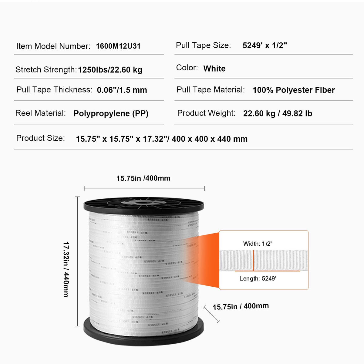Durable Polyester Pull Cord, Width 0.5" & Length 5249ft, Max Load 1250 lbf, Measurement Marks, Perfect for Organizing Cables, Packaging, Garden Work & Electrical Jobs