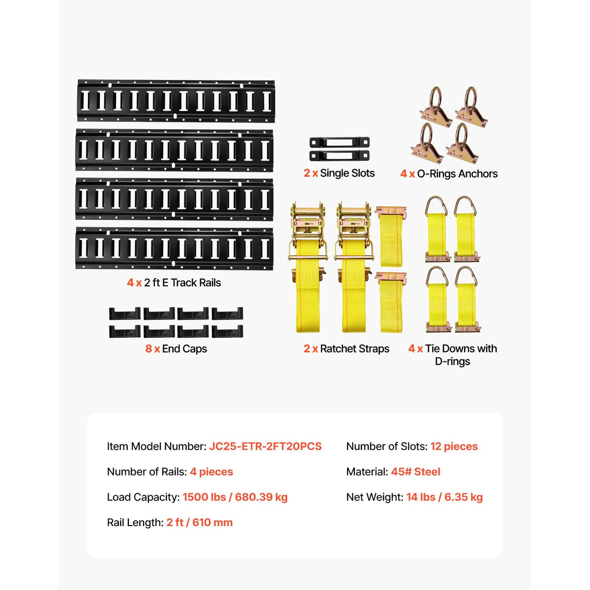 E-Track Tie-Down Rail Kit, 4 Pack 2 ft E Track Rails, 20 Pcs Includes 2 Ratchet Straps & 4 O-Rings & 4 Tie-Offs with D-Ring & 2 Single Slots & 8 End Caps, Fit for Garages Vans Trailers