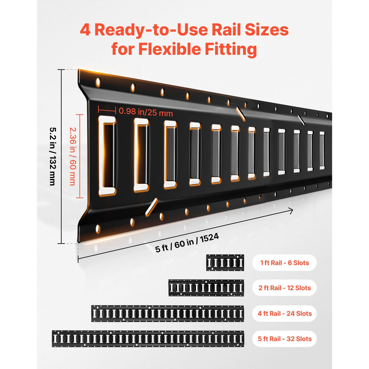 E-Track Tie-Down Rail Kit, 8 Pack (5ft+4ft+2ft+1ft) E Track Rails, 36 Pcs Includes 2 Ratchet Straps & 8 O-Rings & 8 Tie-Offs with D-Ring & 2 Single Slots & 16 End Caps, Fit for Vans Trailers