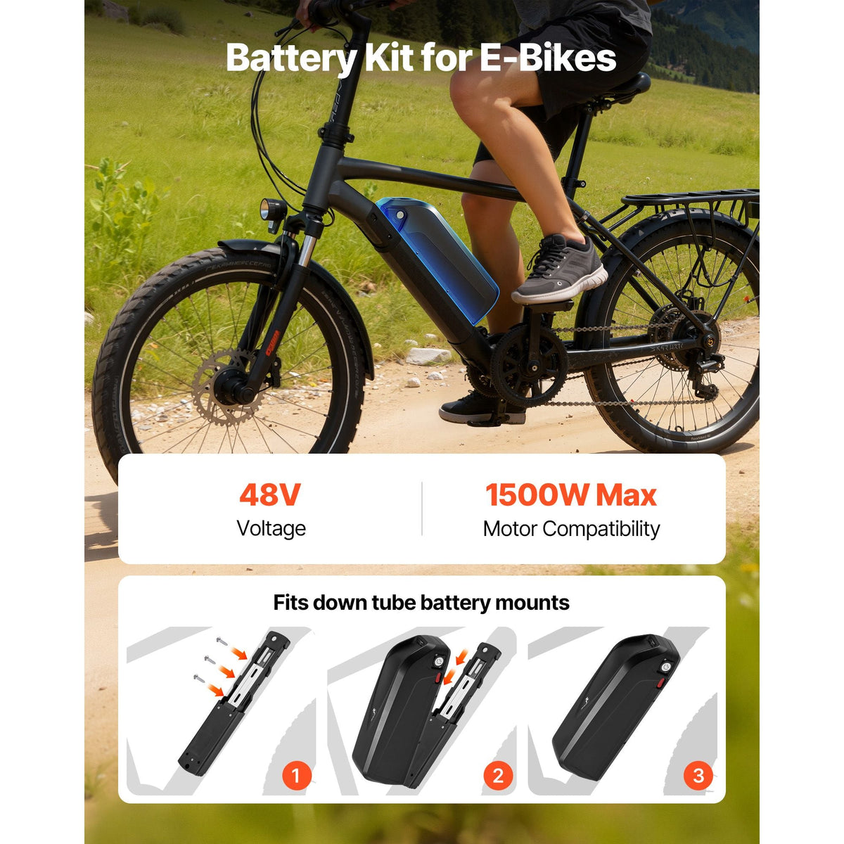 Ebike Battery, 48V 20Ah Electric Bike Lithium Battery Pack with BMS, USB Charge Port, 3A Charger & Lock for 1500W E-Bike Motor, Detachable Electric Bicycle Replacement Kit with Discharge Socket