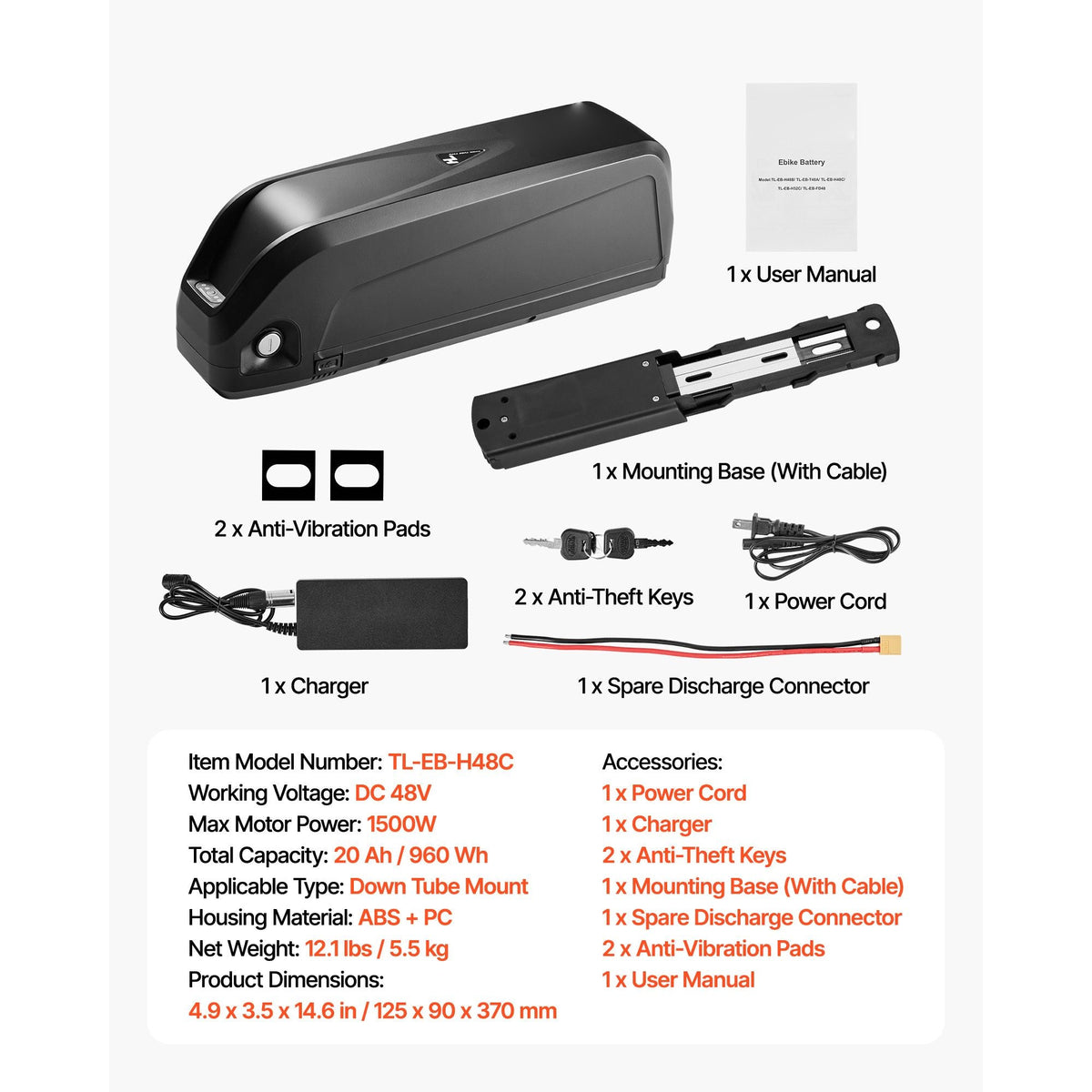 Ebike Battery, 48V 20Ah Electric Bike Lithium Battery Pack with BMS, USB Charge Port, 3A Charger & Lock for 1500W E-Bike Motor, Detachable Electric Bicycle Replacement Kit with Discharge Socket