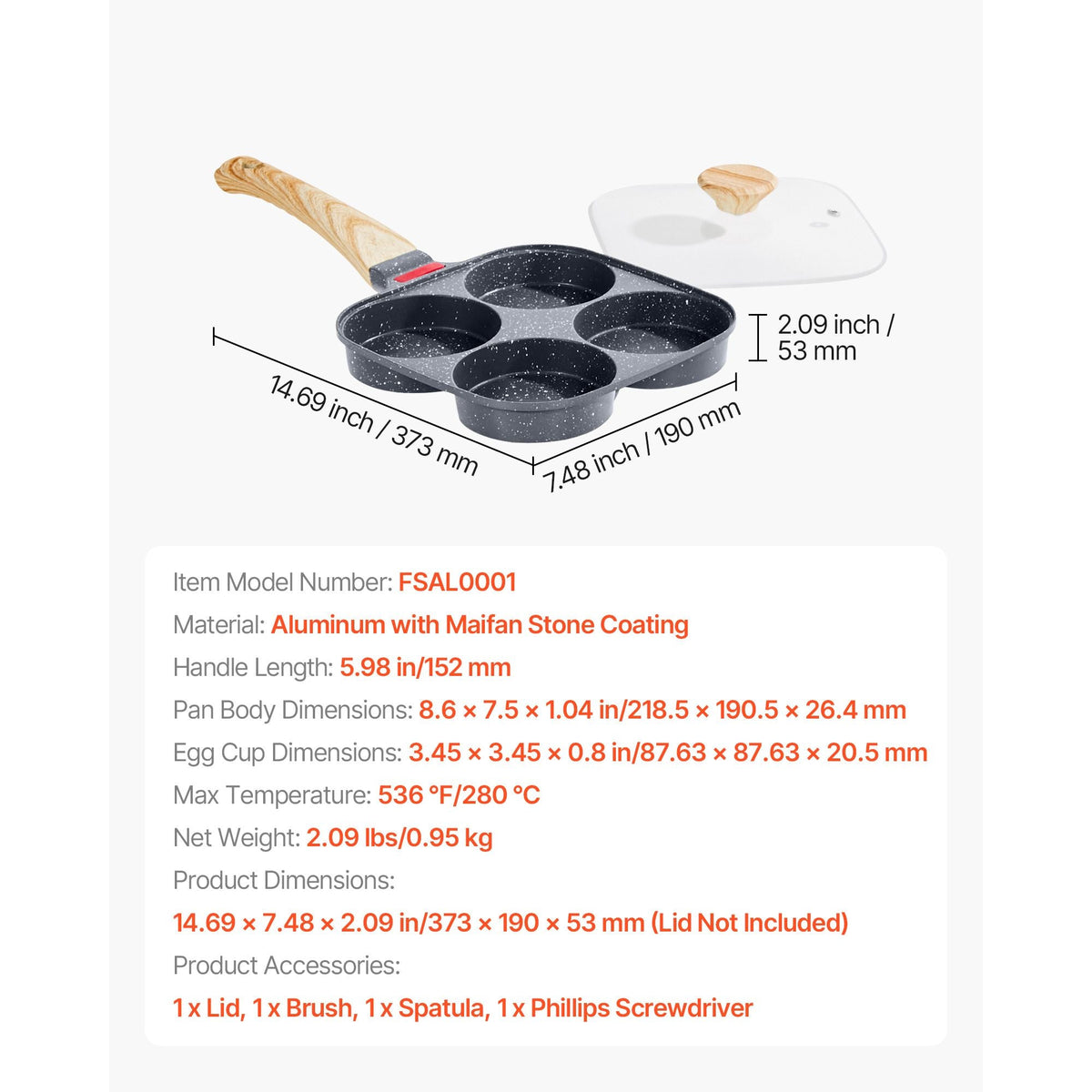 Egg Pan, 4-Cup Nonstick Egg Frying Pan, Aluminum Breakfast Omelette Skillet for Pancakes, Hamburgers, Sandwiches, with Lid, Oil Brush, Scraper, Compatible with Gas Stove & Induction Cookware