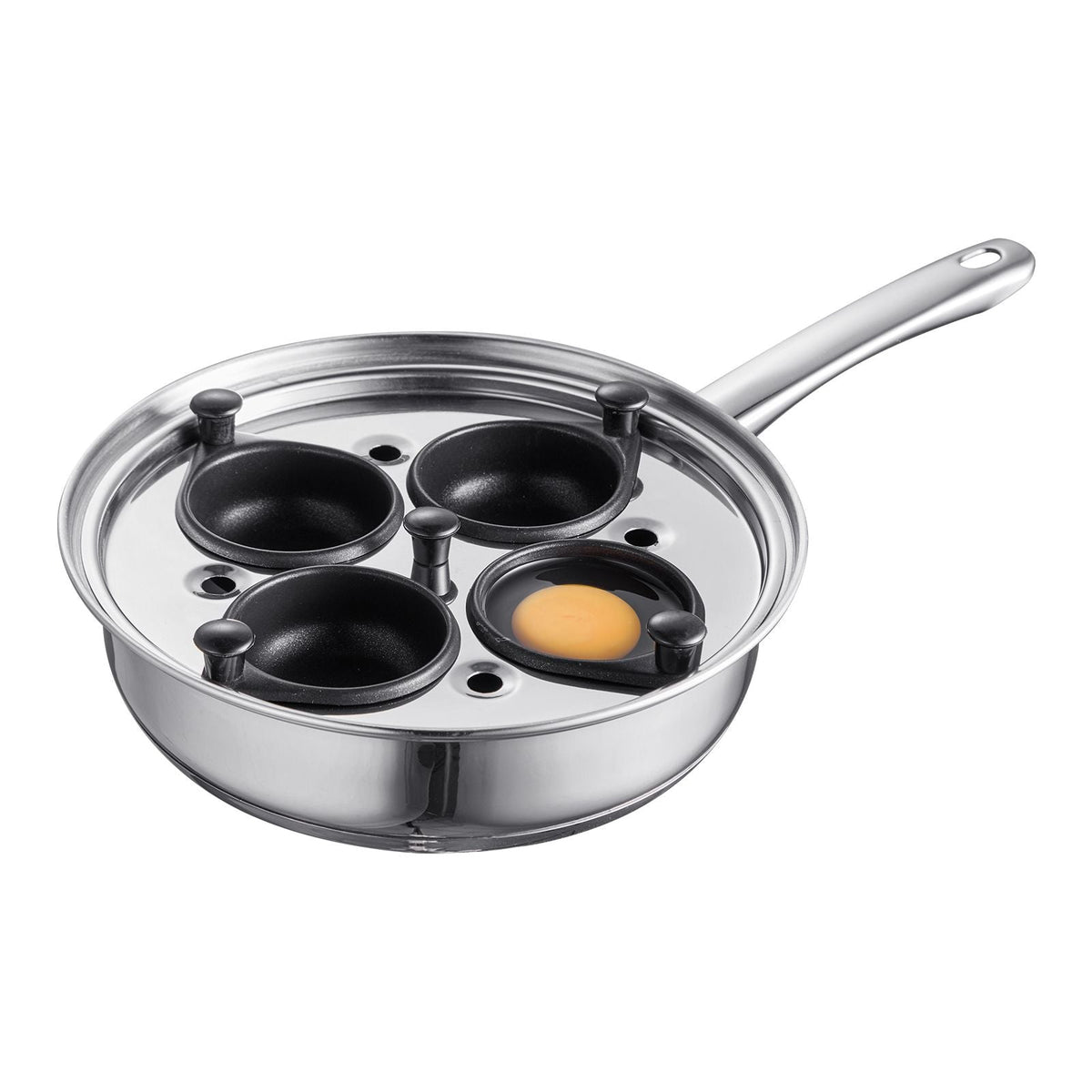 Egg Poacher Pan, 4-Cup Poached Egg Maker, Stainless Steel Poaching Pan and Frying Skillet, with 4 Nonsitck Detachable Large Cups, Lid, and Silicone Spatula, Compatible with Induction Stovetop