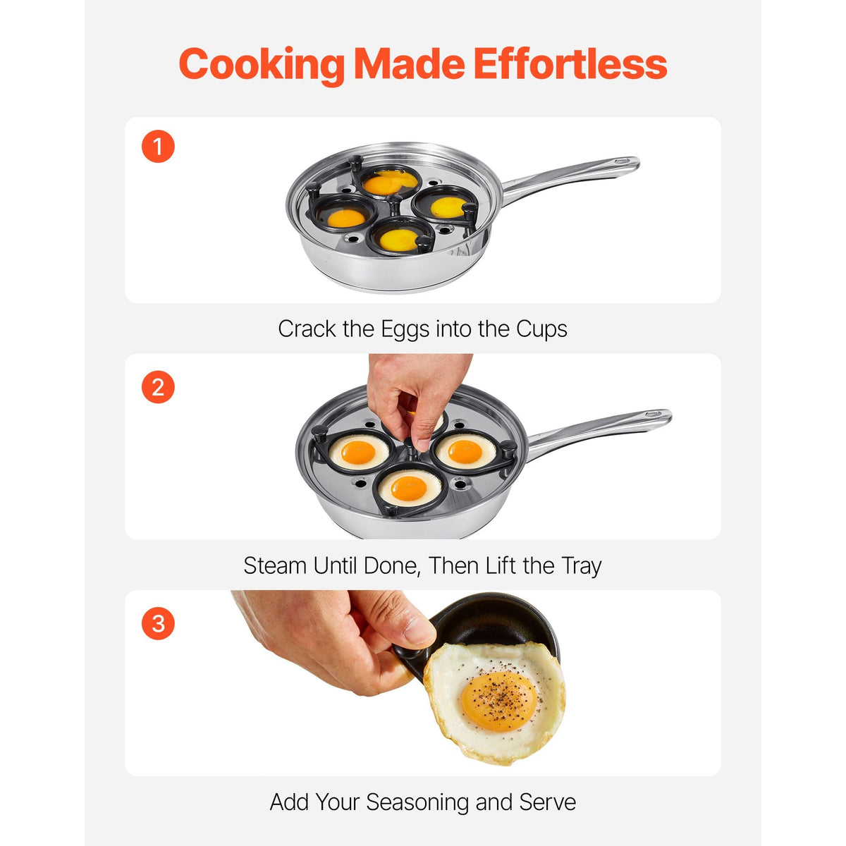Egg Poacher Pan, 4-Cup Poached Egg Maker, Stainless Steel Poaching Pan and Frying Skillet, with 4 Nonsitck Detachable Large Cups, Lid, and Silicone Spatula, Compatible with Induction Stovetop