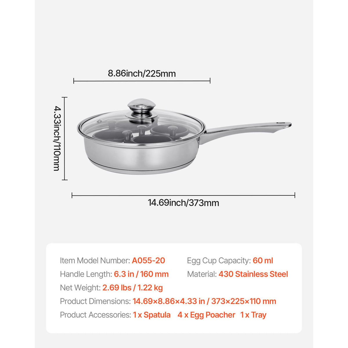 Egg Poacher Pan, 4-Cup Poached Egg Maker, Stainless Steel Poaching Pan and Frying Skillet, with 4 Nonsitck Detachable Large Cups, Lid, and Silicone Spatula, Compatible with Induction Stovetop