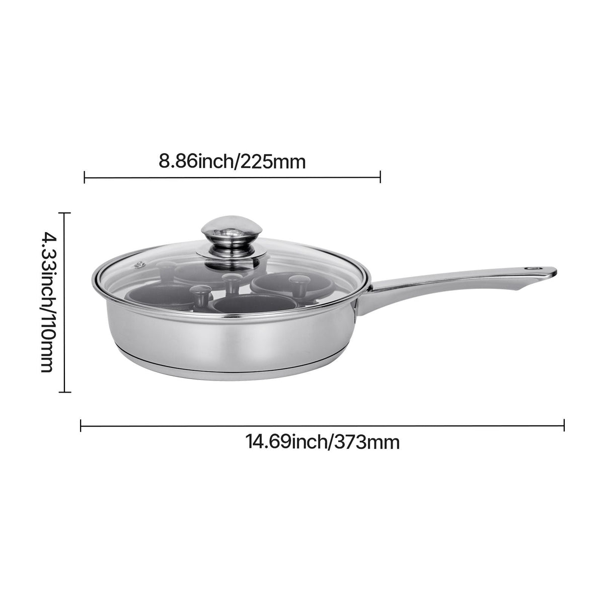 Egg Poacher Pan, 4-Cup Poached Egg Maker, Stainless Steel Poaching Pan and Frying Skillet, with 4 Nonsitck Detachable Large Cups, Lid, and Silicone Spatula, Compatible with Induction Stovetop