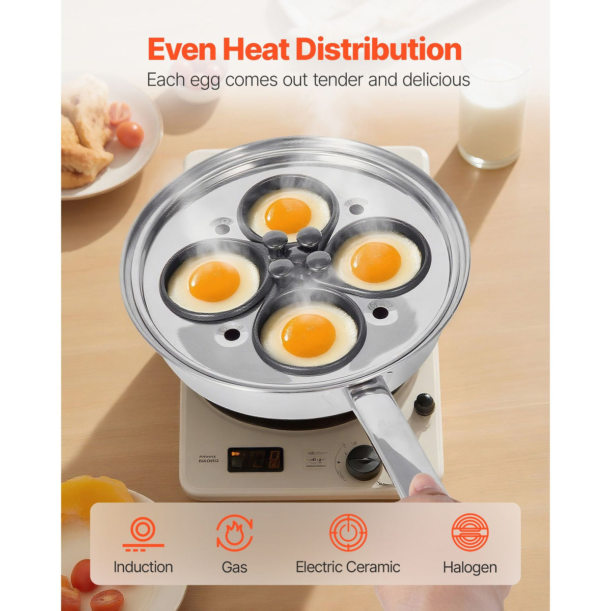 Egg Poacher Pan, 4-Cup Poached Egg Maker, Stainless Steel Poaching Pan and Frying Skillet, with 4 Nonsitck Detachable Large Cups, Lid, and Silicone Spatula, Compatible with Induction Stovetop