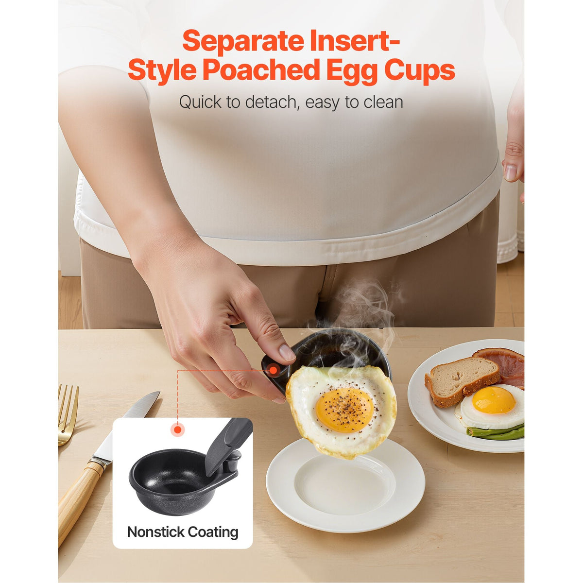 Egg Poacher Pan, 4-Cup Poached Egg Maker, Stainless Steel Poaching Pan and Frying Skillet, with 4 Nonsitck Detachable Large Cups, Lid, and Silicone Spatula, Compatible with Induction Stovetop