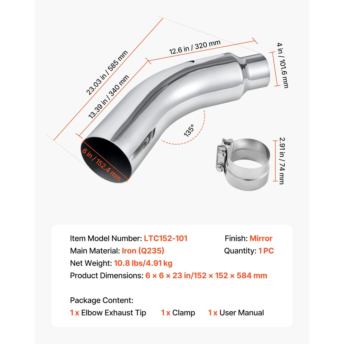 Elbow Exhaust Tip, 4 Inch Inlet, 6 Inch Outlet, 23 in Overall Length, Chrome Turn Down Exhaust Tip with Clamp for Truck, Sedan, Sports Car, SUV, Chrome Structure for High Temperature Resistance