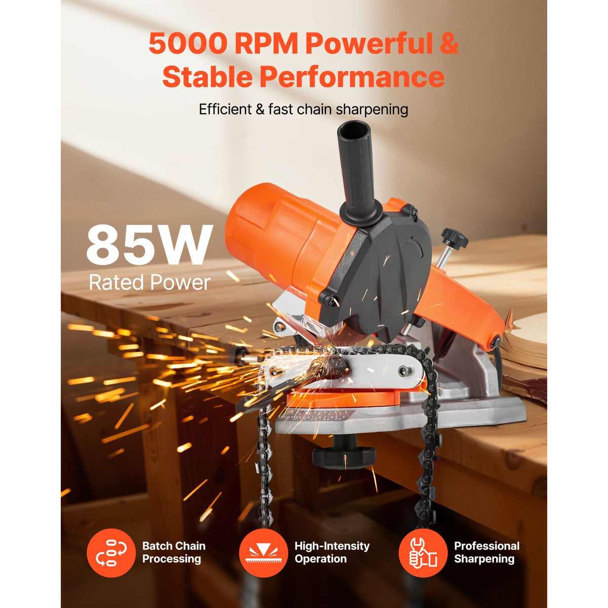 Electric Chainsaw Sharpener, 85W Bench Saw Chain Sharpener 5000RPM, Professional Chainsaw Sharpening Tool with 2 Grinding Wheels & LED Light for Woodworking, Logging, Gardening