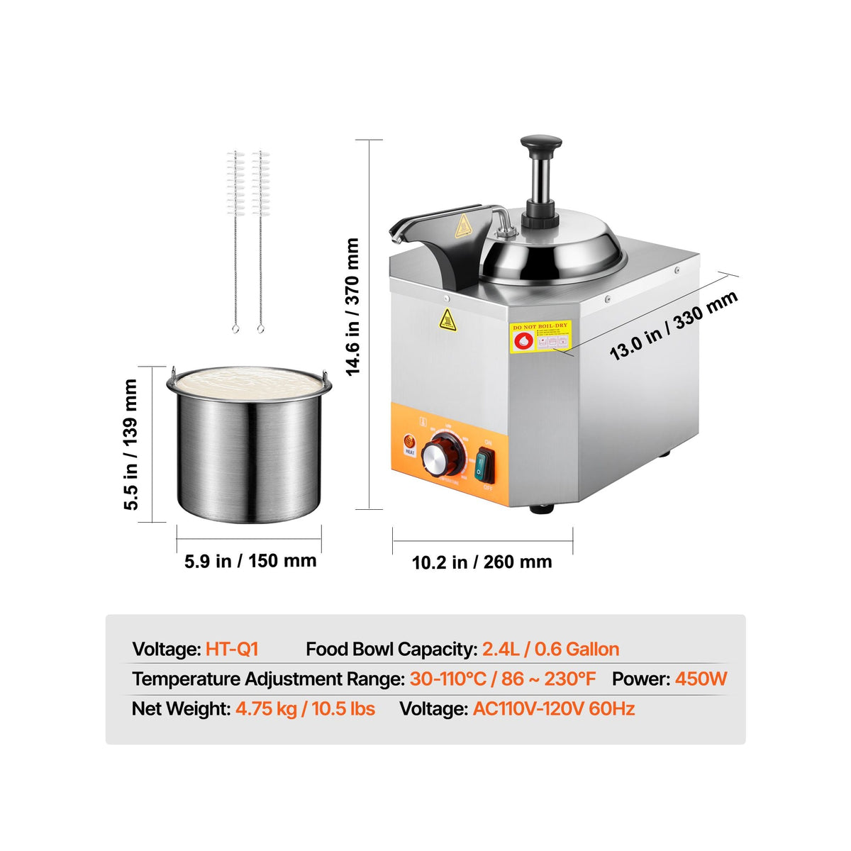 Electric Cheese Dispenser with Pump, 2.4L Commercial Hot Fudge Warmer, Stainless Steel Heated Pump Dispenser, 86-230 F Temp Adjustable Nacho Cheese Sauce Warmer, for Hot Fudge Cheese Caramel