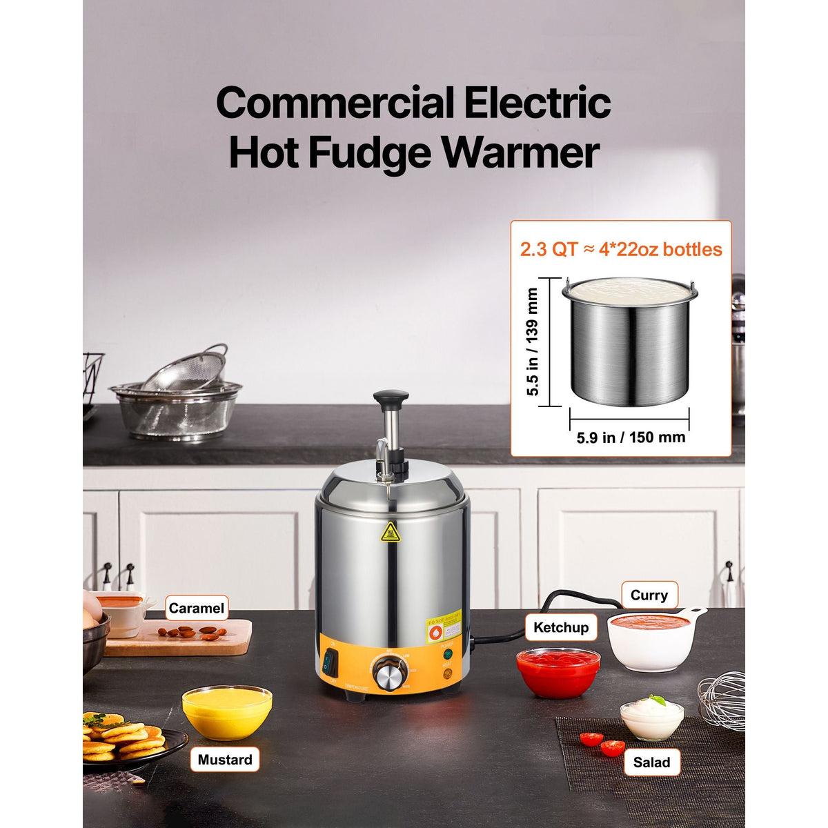 Electric Cheese Dispenser with Pump, 2.4L Commercial Hot Fudge Warmer, Stainless Steel Pump Dispenser, 86-230Fahrenheit Temp Adjustable Nacho Cheese Sauce Warmer, for Hot Fudge Cheese Caramel