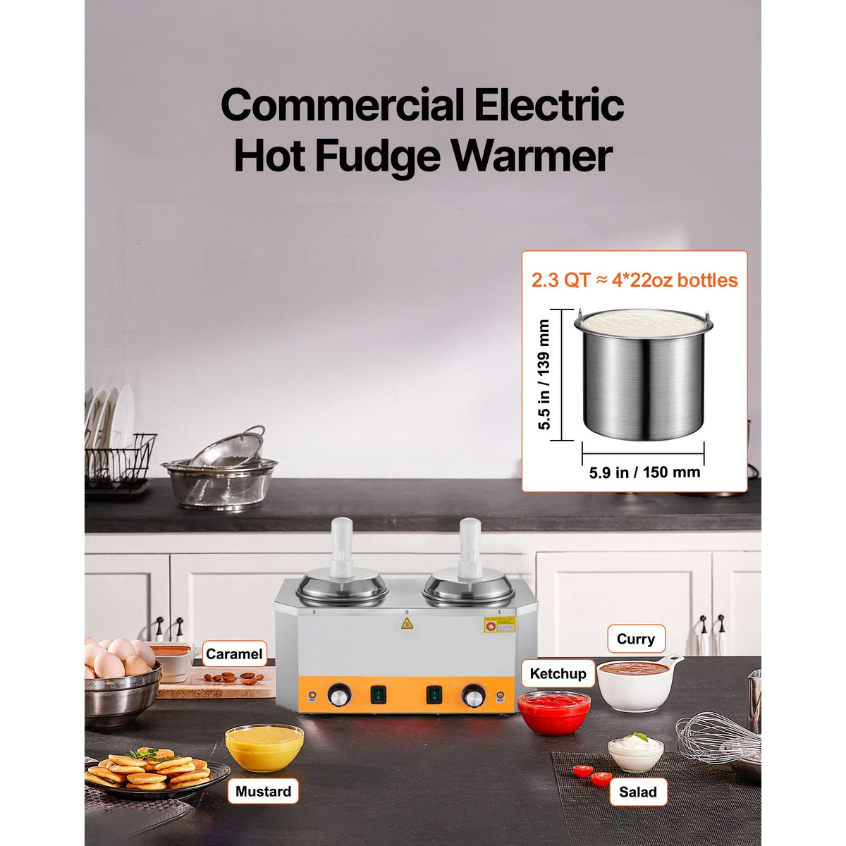 Electric Cheese Dispenser with Pumps, 2.4x2 L Commercial Hot Fudge Warmer, Plastic Double Pumps Dispenser, 86-230 F Temp Adjustable Nacho Cheese Sauce Warmer, for Hot Fudge Cheese Caramel