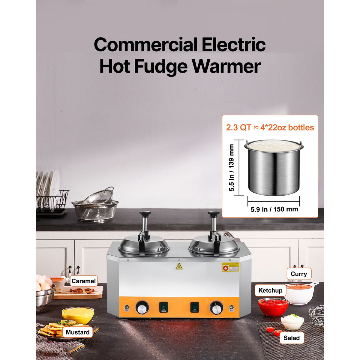 Electric Cheese Dispenser with Pumps, 2.4x2 L Commercial Hot Fudge Warmer, Stainless Steel Heated Double Pumps Dispenser, 86-230 F Temp Adjustable Nacho Cheese Warmer for Fudge Cheese Caramel