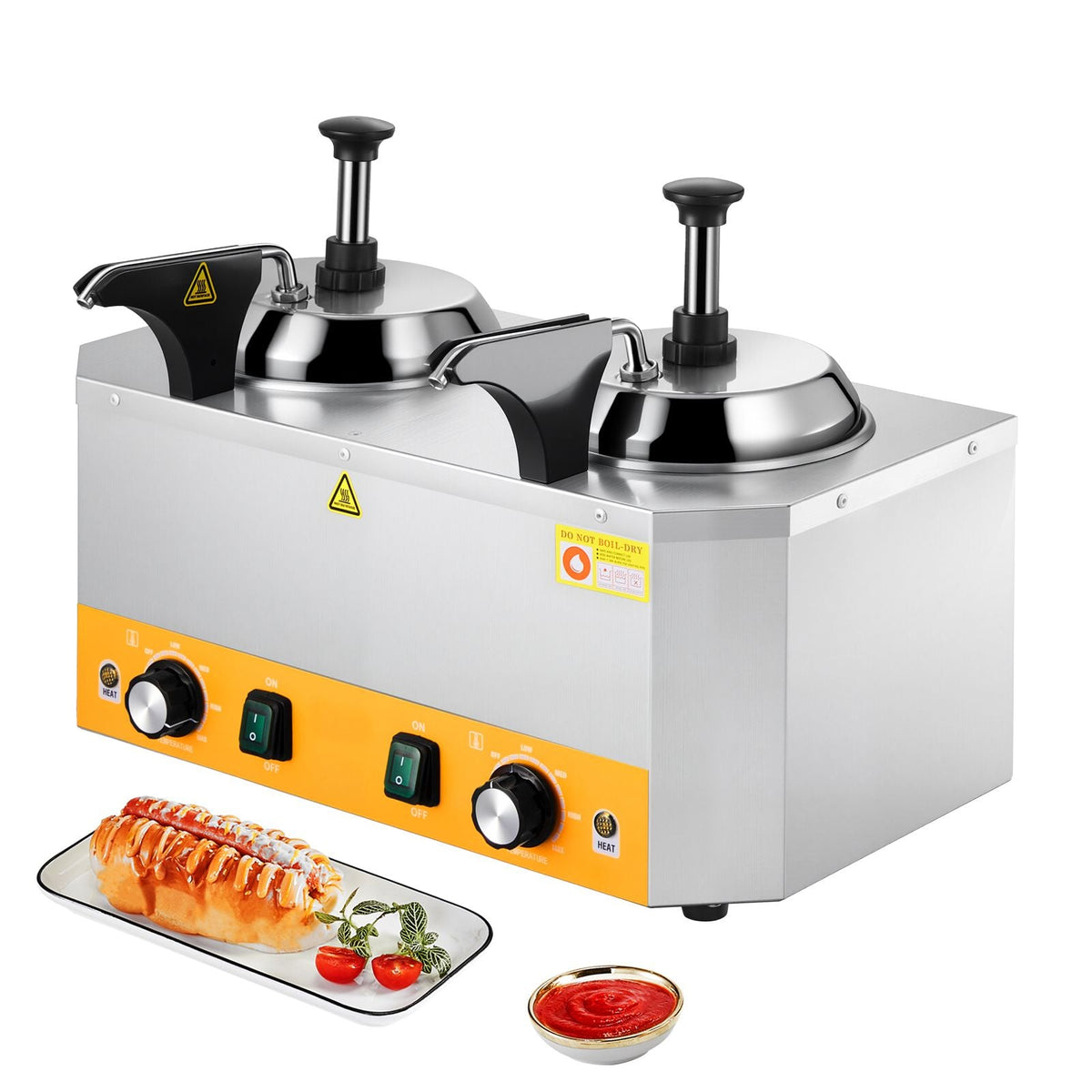 Electric Cheese Dispenser with Pumps, 2.4x2 L Commercial Hot Fudge Warmer, Stainless Steel Heated Double Pumps Dispenser, 86-230 F Temp Adjustable Nacho Cheese Warmer for Fudge Cheese Caramel
