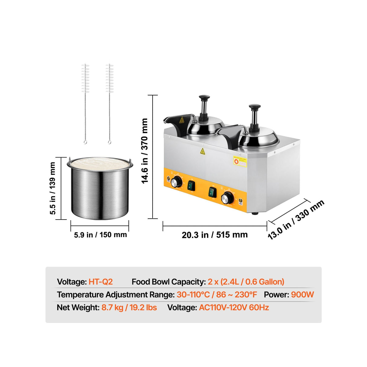 Electric Cheese Dispenser with Pumps, 2.4x2 L Commercial Hot Fudge Warmer, Stainless Steel Heated Double Pumps Dispenser, 86-230 F Temp Adjustable Nacho Cheese Warmer for Fudge Cheese Caramel