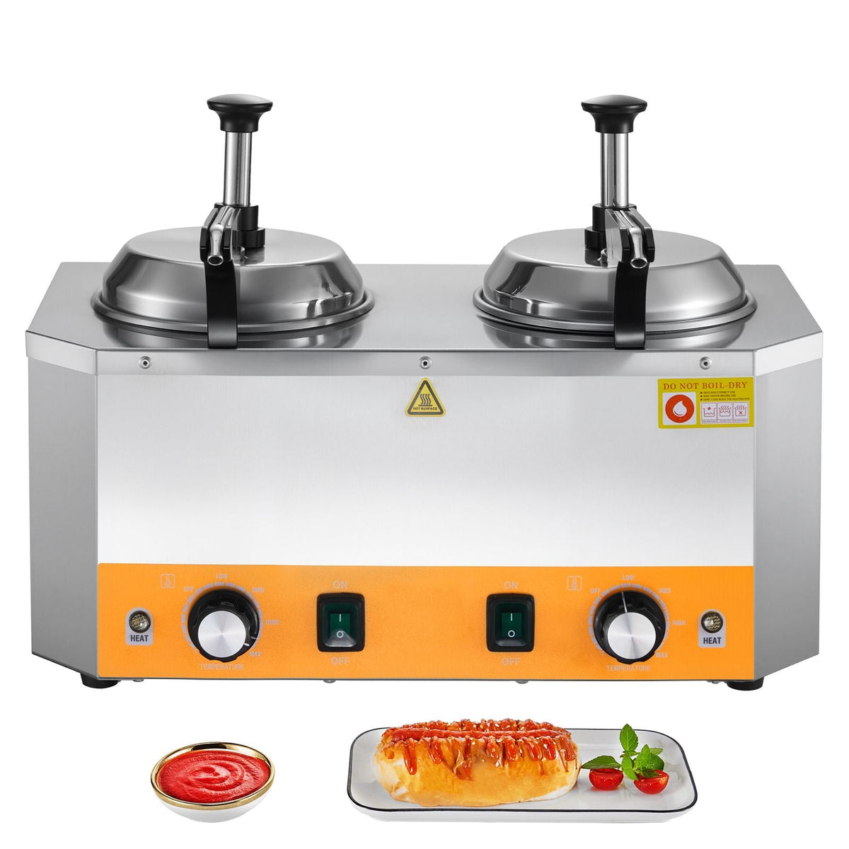 Electric Cheese Dispenser with Pumps, 2.4x2 L Commercial Hot Fudge Warmer, Stainless Steel Heated Double Pumps Dispenser, 86-230 F Temp Adjustable Nacho Cheese Warmer for Fudge Cheese Caramel