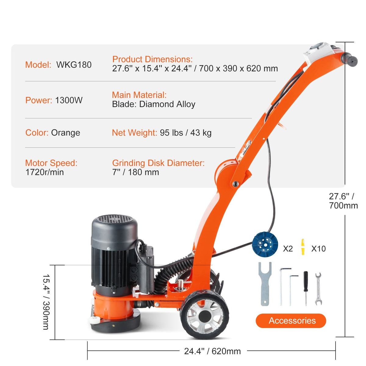 Electric Concrete Floor Grinder 7" Walk-Behind Grinder 1.7HP Concrete Floor Polisher, 1300W Grinding Machine, 1720RPM Upgrade Brushless Motor Surfacing Grinder for Granite/Marble/Stones