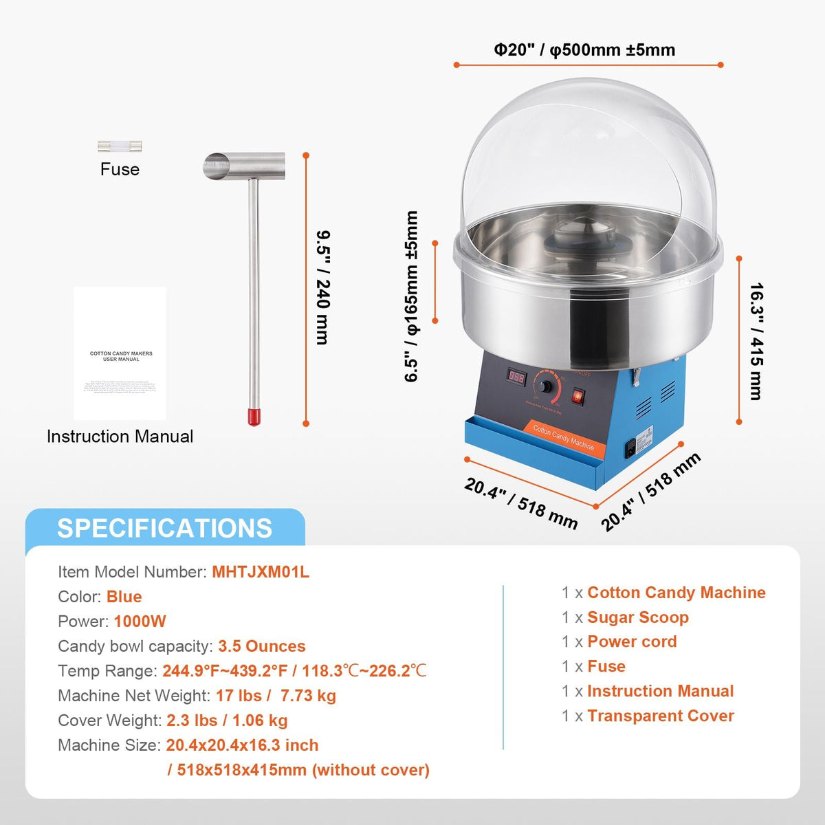 Electric Cotton Candy Machine, 1000W Candy Floss Maker, Commercial Cotton Candy Machine with Cover, Stainless Steel Bowl, and Sugar Scoop, Perfect for Home Kids Birthday, Family Party (Blue)