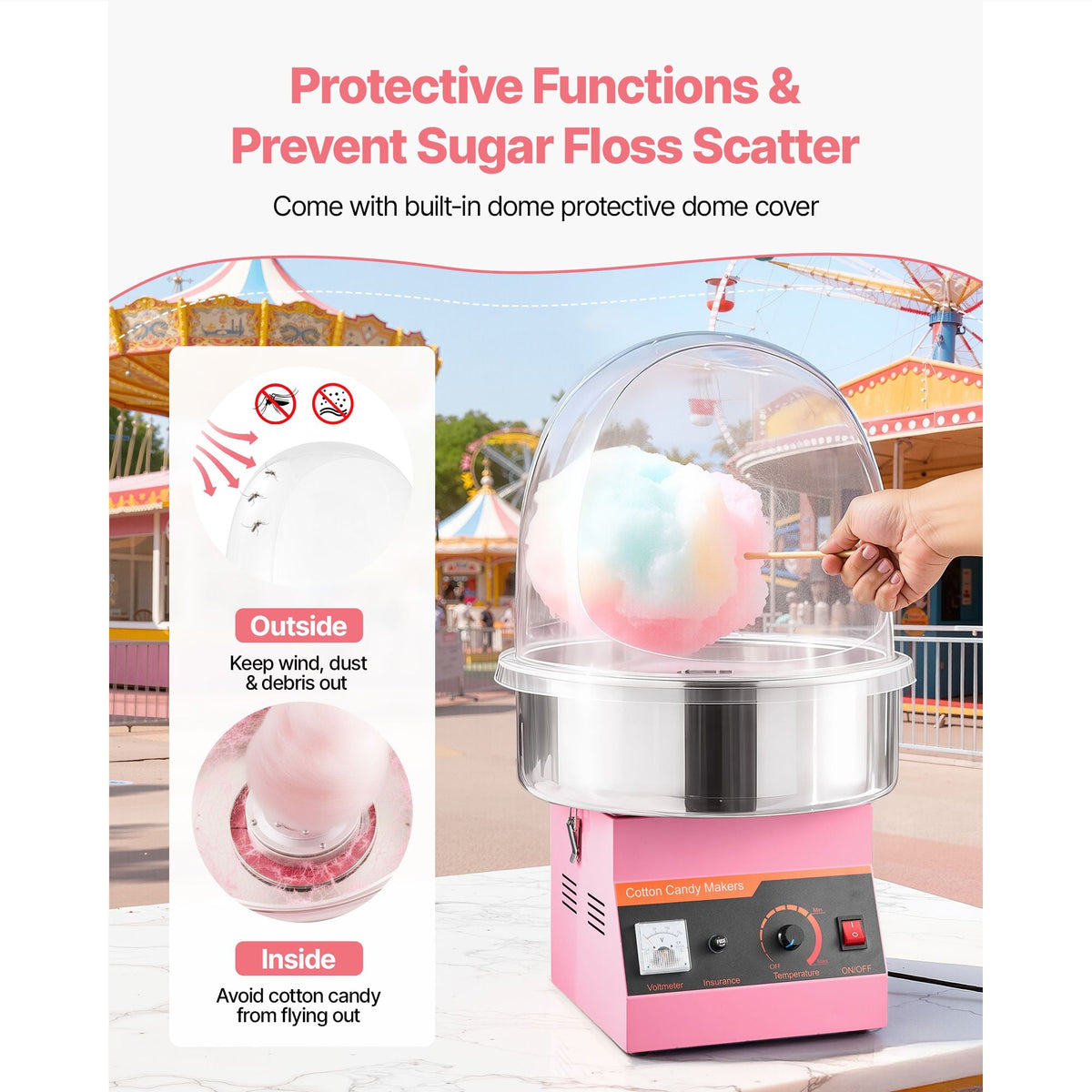 Electric Cotton Candy Machine, 1000W Commercial Floss Maker With Cover, Commercial Cotton Candy Machine w/Stainless Steel Bowl & Sugar Scoop, Ideal for Carnival, Birthday, Family Party, Pink